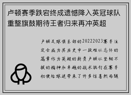 卢顿赛季跌宕终成遗憾降入英冠球队重整旗鼓期待王者归来再冲英超